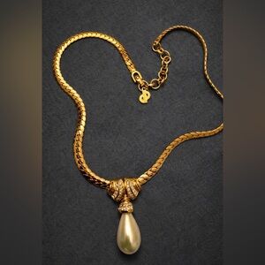 Christian Dior Gold Tone Pearl Drop Pendant Necklace w/ Crystal Accents + CD Tag